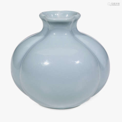 A Chinese clair de lune glazed porcelain lobed vase, qianlong six character seal mark, 19th century