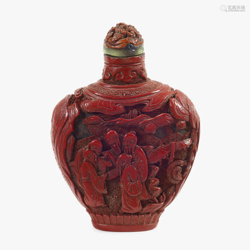 A Chinese cinnabar lacquer ovoid snuff bottle, carved with scene of scholars, 18th/19th century