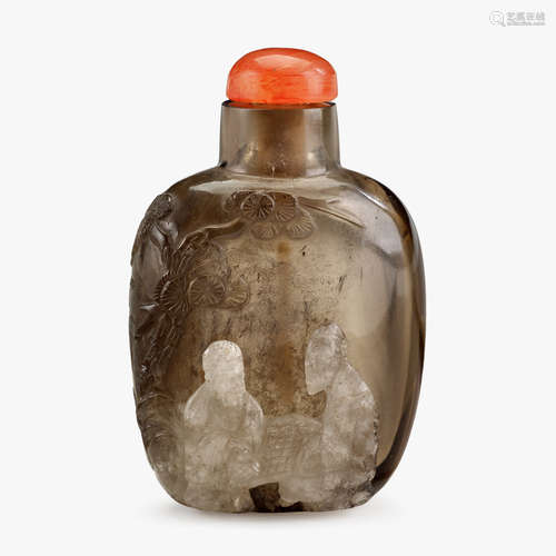 A Chinese grey rock crystal snuff bottle, carved with two scholars under a pine, qing dynasty