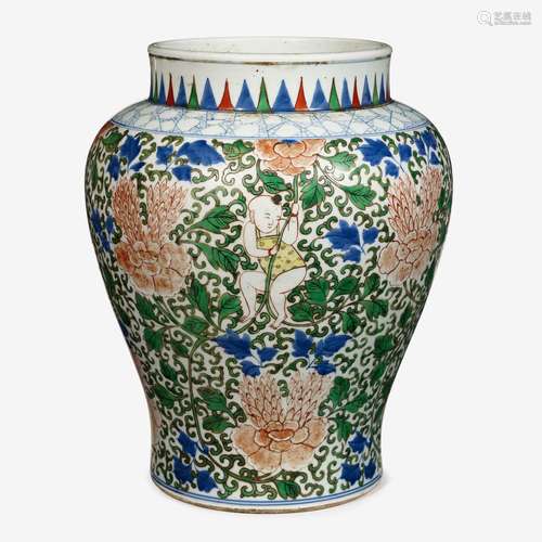 A Chinese wucai enameled porcelain 'boy and lotus' jar, qing dynasty