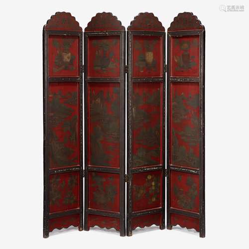 A Chinese lacquered wood four-panel folding screen, 18th century