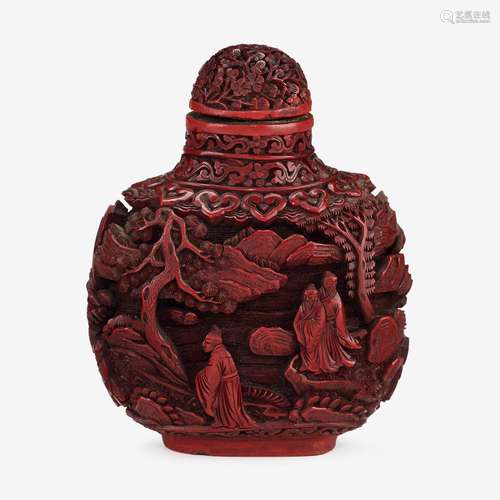 A large Chinese cinnabar lacquer round snuff bottle, carved with scholars in landscapes, 19th century