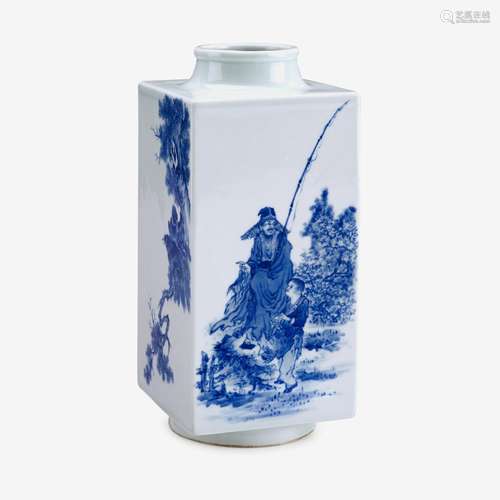 A Chinese blue and white porcelain 'Cong' vase with figural scene, 'yuan wen wu guo zhi zhai' mark to base, 20th century