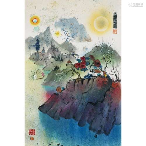 LUIS CHAN (CHEN FUSHAN, 1905-1995), DATED 1973, LAKESIDE SCENE UNDER THE SUN AND THE MOON