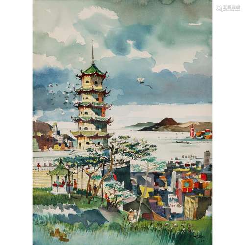 DONG KINGMAN (ZENG JINGWEN, 1911-2000), DATED 1969, VIEW OF TIGER BALM PAGODA, HONG KONG