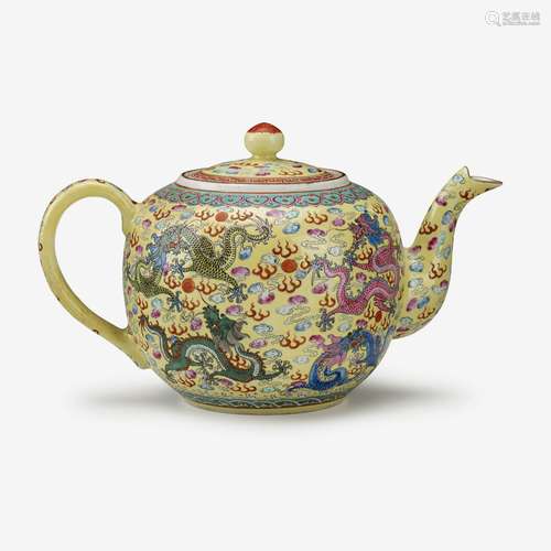 A Chinese yellow ground famille rose enameled porcelain 'dragon' teapot, iron-red guangxu six character mark, republic period