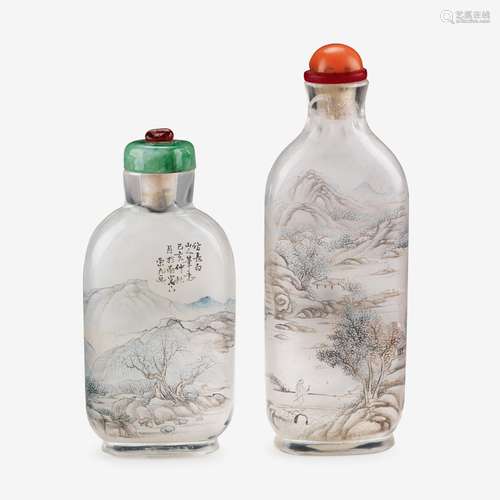 Two Chinese inside painted glass snuff bottles, with landscapes, bi rongjiu, dated 1899