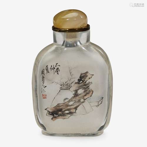 A Chinese inside-painted glass snuff bottle, with scholar's objects to front and birds to verso, signed zhou leyuan