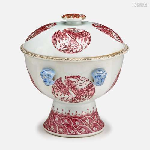 A rare Chinese puce enameled porcelain 'phoenix medallion' warming bowl with stem, guangxu six character mark and of the period