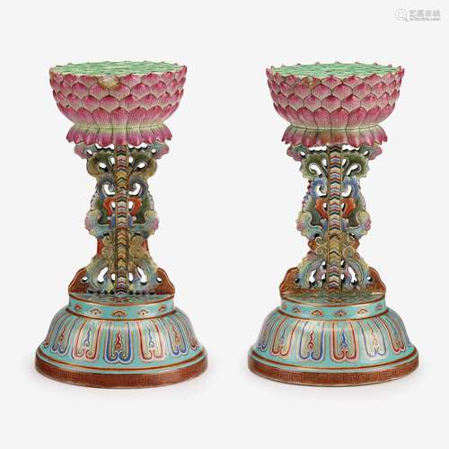 A pair of Chinese famille rose enameled porcelain Buddhist emblem altar stands, qianlong mark and of the period