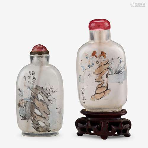 Two Chinese inside-painted glass snuff bottles, with lingbi, attributed to zhou leyuan, 20th century