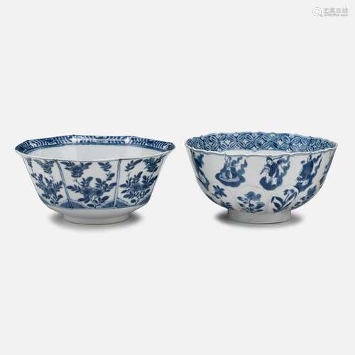 A Chinese scallop-rimmed porcelain lotus-form 'immortals' bowl, chenghua mark, kangxi period