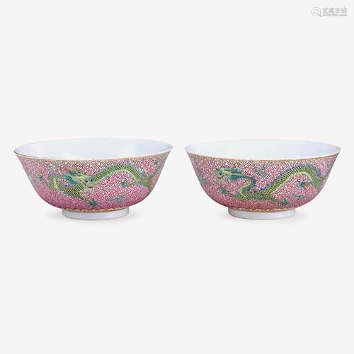 A pair of Chinese famille rose enameled porcelain 'dragon' bowls, tongzhi six character mark and of the period