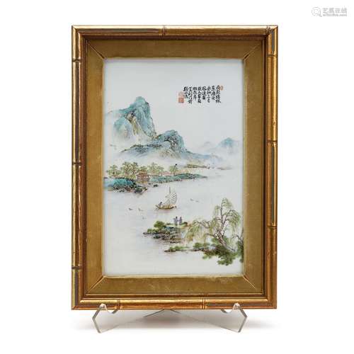 A set of three Chinese porcelain plaques depicting landscapes of southern China with accompanying poem, 20th century