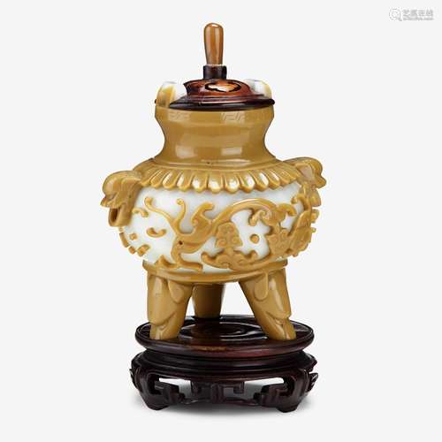 A rare Chinese butterscotch-yellow overlay on white glass tripod censer, early qianlong period