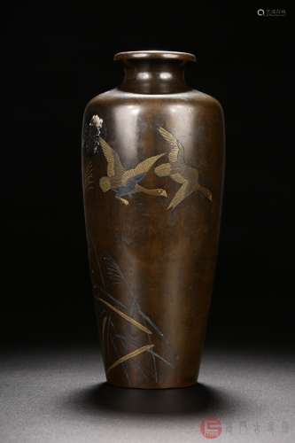 （精英）002：明治时期.柔美包浆精铜错金银精雕月下塘荷纹铜花瓶