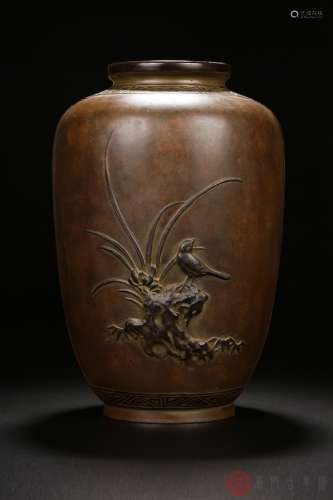 （精英）007：民国.柔美包浆精工高浮雕花鸟纹铜花瓶