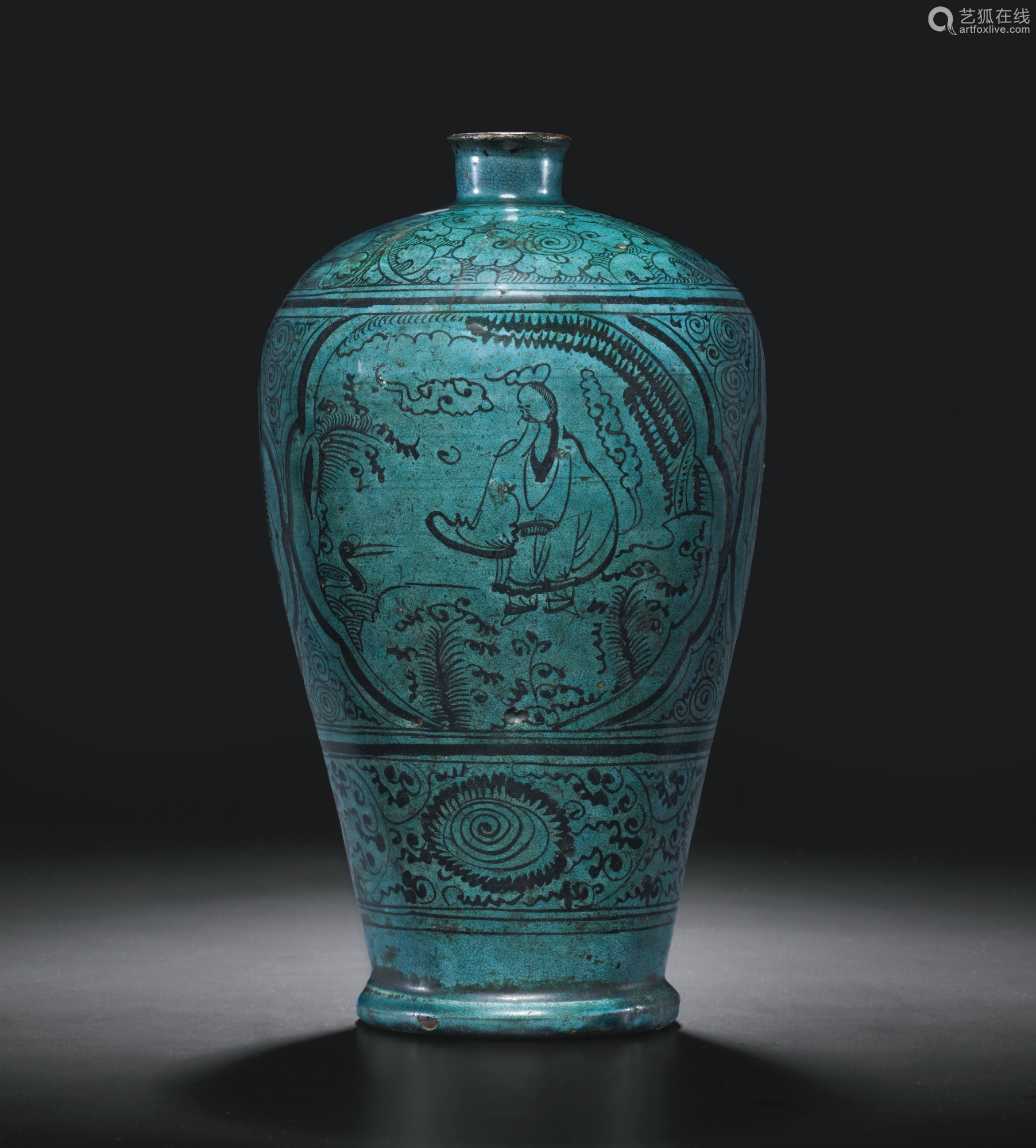 元磁州孔雀绿釉开光仙人仙鹤纹梅瓶