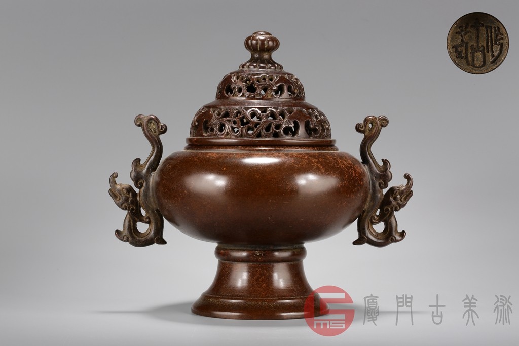 香爐，古銅製，大，古美術品，高13．5cm，幅21cm，重3100克