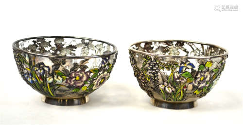Pair Japanese Enameled Silver & Glass Bowls
