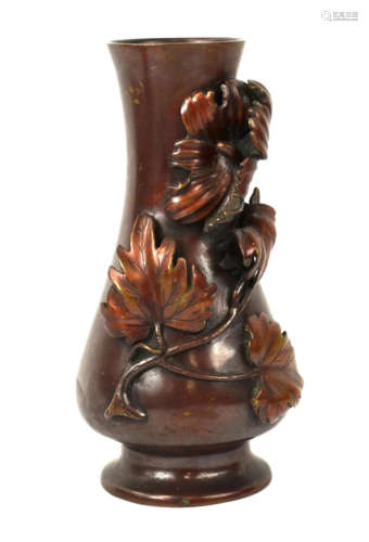Japanese Bronze Vase with Flower and Leaves