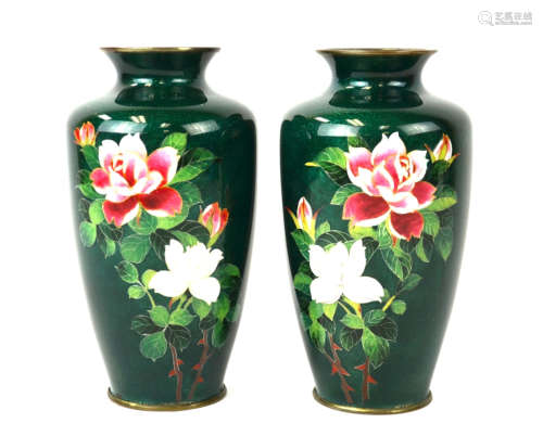Pair Japanese Green Ginbari Cloisonne Vases