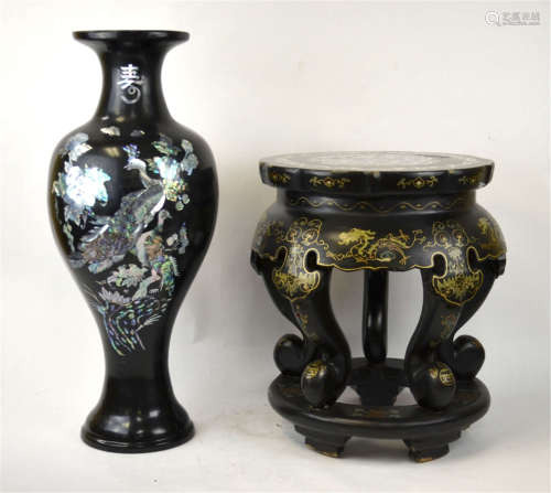 Chinese Lacquer Vase & Stool w Mother of Pearl