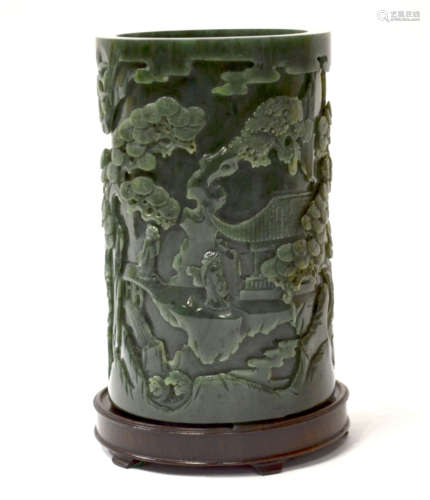 Chinese Carved Spinach Jade Brush Pot