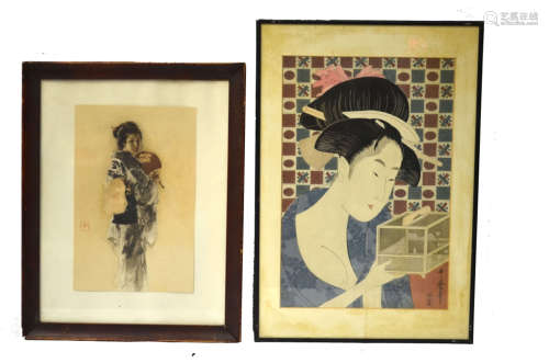 Japanese Watercolor Painting and Woodblock Print