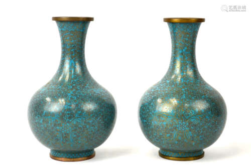Pair of Chinese Blue Cloisonne Bottle-Shaped Vases