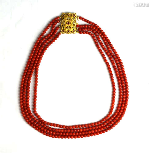 Natural Aka Four Strand Coral Beaded Necklace