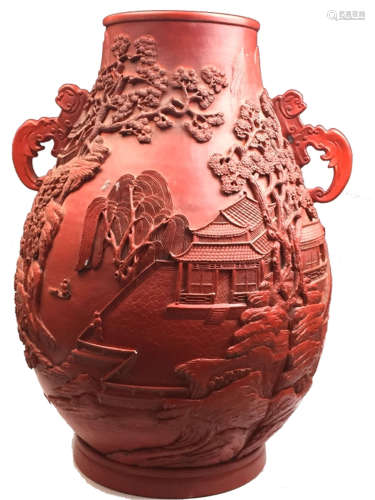 Large Carved Chinese Red Glazed Porcelain Vase
