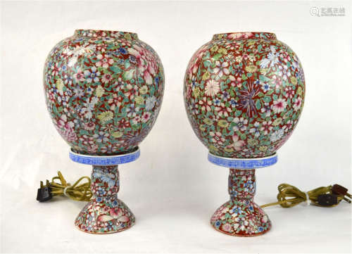 Pair Chinese Egg Shell Famille Rose Lamps