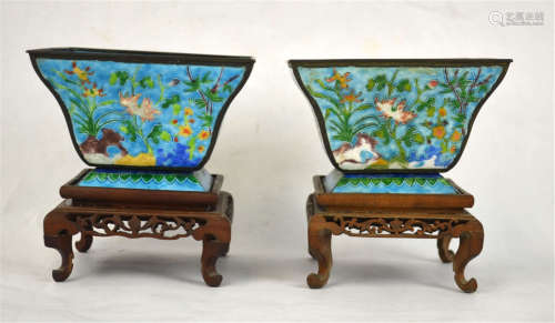 Chinese Pair Silver Enamel Square Bowls w. Stands