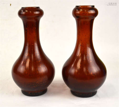 Pair Chinese Brown Peking Glass Garlic Head Vases