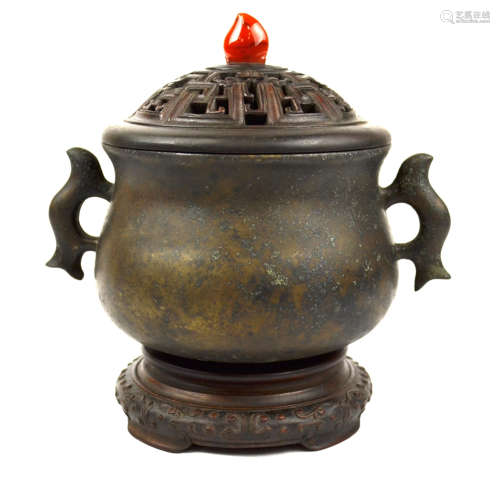 Chinese Bronze Incense Burner with Stand & Cover
