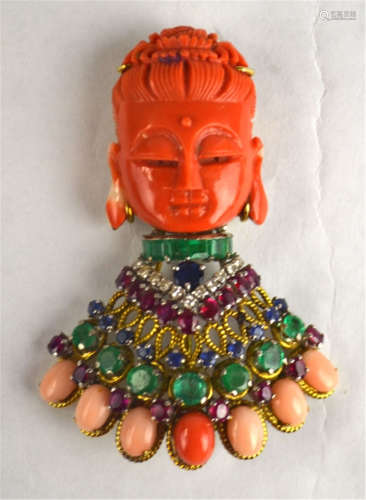 Chinese Carved Coral & Gemstone Buddha Head Pin
