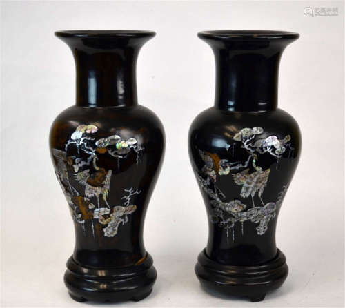 Pair Chinese Lacquered Vases with Mother of Pearl