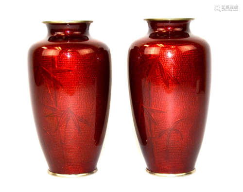 Pair Japanese Red Ginbari Cloisonne Vases