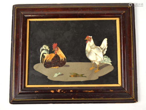 Framed Pietra Dura Plaque with Rooster and Hen