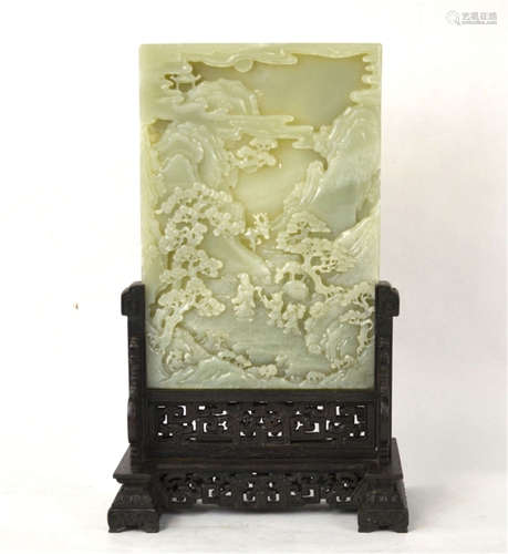 Chinese Imperial Carved Jade Plaque on Zitan Stand