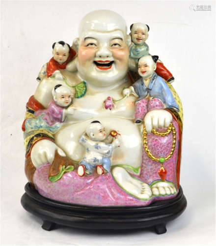 Chinese Famille Rose Happy Buddha  w. Children