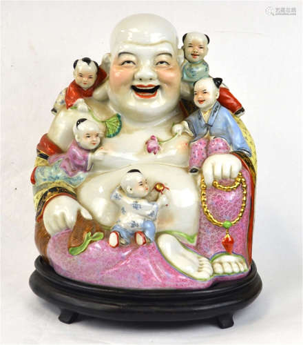 Chinese Famille Rose Happy Buddha  w. Children