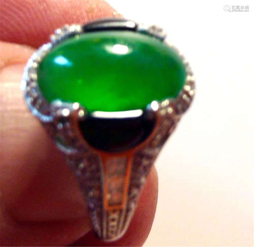 Natural Green Jadeite Ring with Diamonds