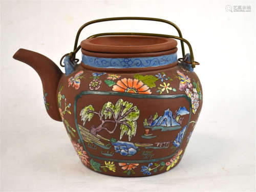 Large Chinese Enamel Yixing Zisha Teapot