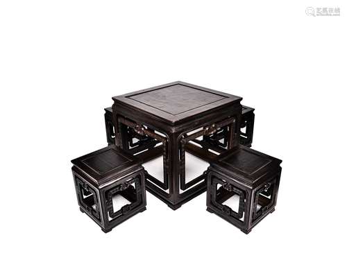 A SET OF ZITAN SQUARE TABLES AND CHAIRS