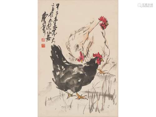 HUANG ZHOU: COLOR AND INK ON PAPER 'ROOSTERS'