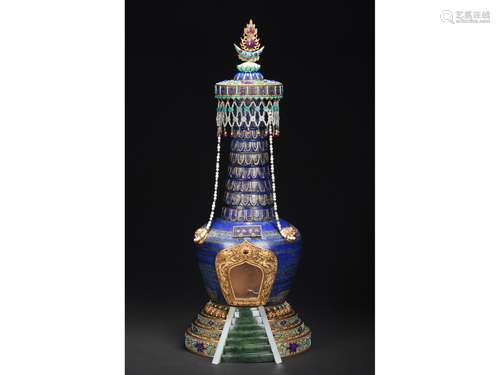 A GILT-BRONZE LAPIS LAZULI AND GEMS-INLAID STUPA MODEL