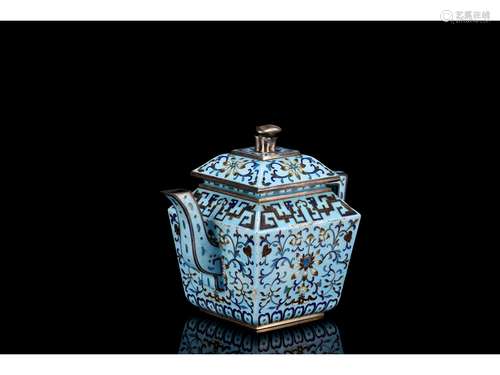 A SILVER CLOISONNE ENAMEL 'LOTUS' TEAPOT