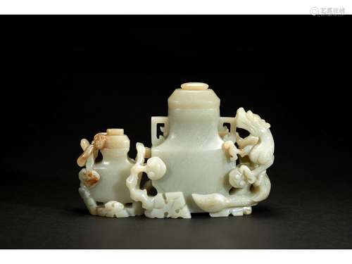 A GREENISH-WHITE JADE VASE GROUP